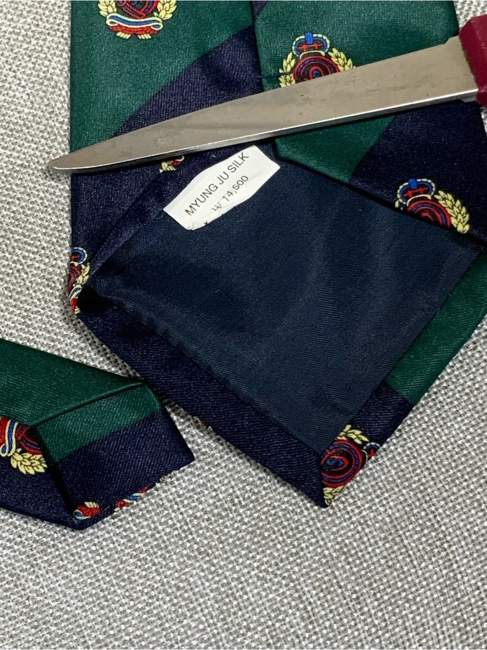 Navy Green Repp Stripe Crest Club Silk Tie Preppy Necktie